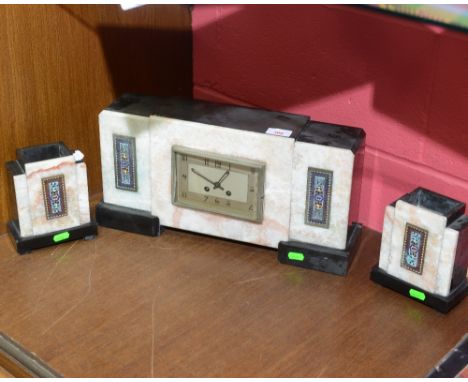 An Art Deco marble mantel clock garniture with applied cloisonne panels
