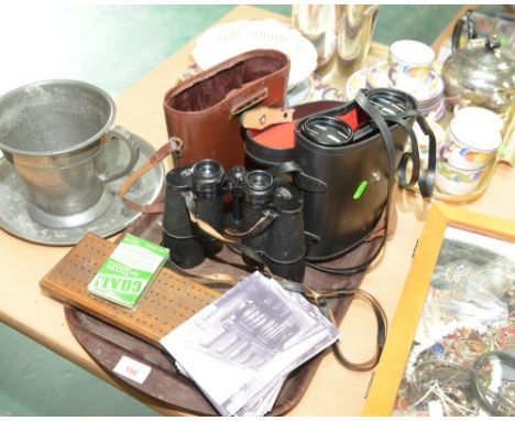 A tray inc. a pair of vintage cased Carl Zeiss binoculars (Jena, Dekarem 10x50), postcards etc