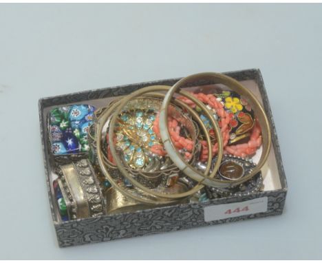 A group of Indian enamel and other pill boxes together with a leaf brooch, bangles etc