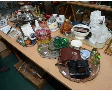 Three trays inc. cased glass, Caithness paperweight, pottery dog model, vintage camera and binoculars etc