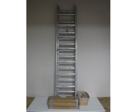 An aluminium four section ladder together with three boxes of anti climbing spikes, basket of cabinet handles  CONDITION REPO