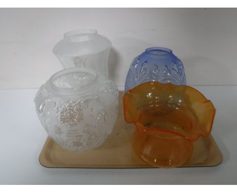 A tray containing four Victorian glass oil lamp shades
