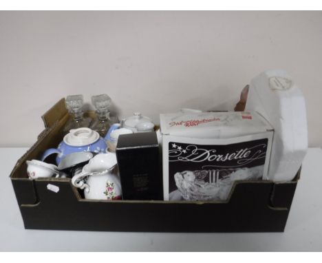 A box of assorted tea china, tea pots, decanters, Ringtons ware, pine wall shelf, three boxed assorted die cast cars 
