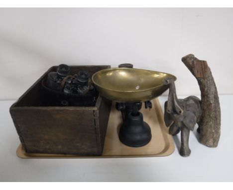 A tray of vintage scales and weights, binoculars etc 
