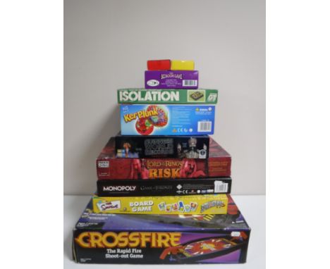 Assorted board games to include Cross Fire, Lord of the Rings, Risk, five boxed Horology cube clocks design by Constantim Boy