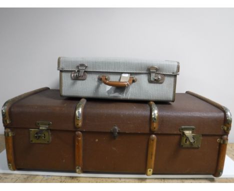 A vintage luggage case together with an early twentieth century wooden bound travelling trunk