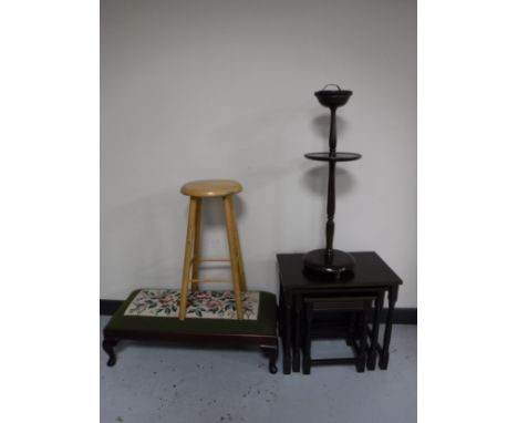A nest of three oak tables together with an oak smokers stand, tapestry upholstered duet stool and breakfast bar stool