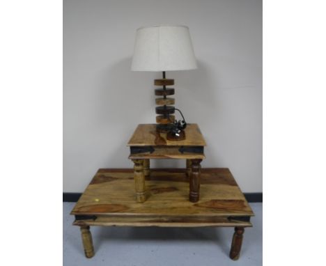 A mango wood rectangular coffee table together with matching lamp table and table lamp with shade 