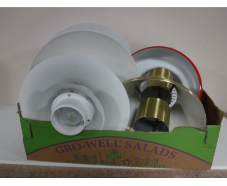 A box of six metal pendant light fittings. 