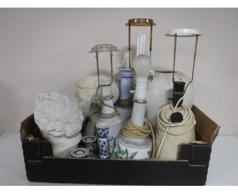 A Danish pottery pendant light shade and a box of assorted table lamp, chalk bust, etc 