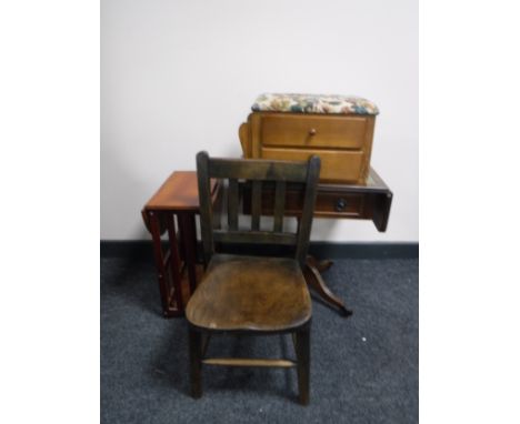 A mahogany leather topped pedestal sofa table together with an oak child's chair and sewing box fitted with two drawers 