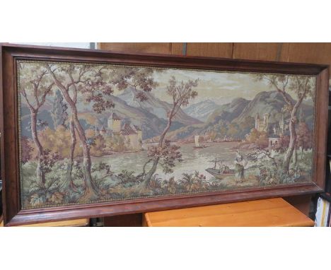 LARGE OAK FRAMED MACHINE EMBROIDERED TAPESTRY, APPROXIMATELY 74cm x 180cm 