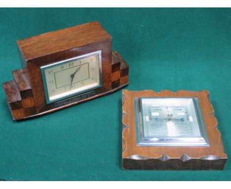 ART DECO STYLE OAK MANTEL CLOCK AND TWO BAROMETERS 