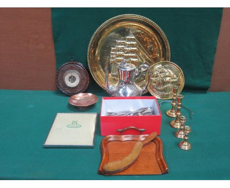 SUNDRY LOT INCLUDING BRASS, COPPER, SILVER PLATED COFFEE POT, BAROMETER, FLATWARE, ETC. 