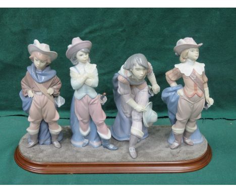 SET OF FOUR LLADRO GLAZED CERAMIC FIGURES - THE FOUR MUSKETEERS ON WOODEN PLYNTH  