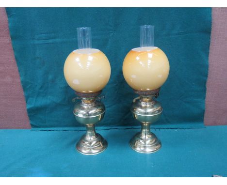 PAIR OF VINTAGE BRASS DUPLEX OIL LAMP WITH GLASS SHADES 
