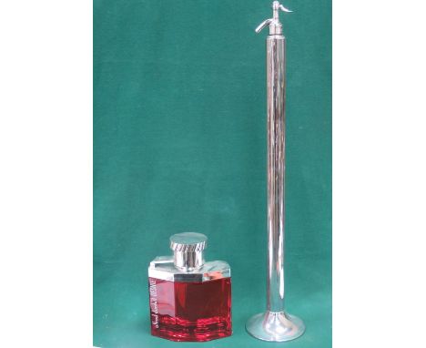 OVERSIZED GLASS DISPLAY BOTTLE OF ALFRED DUNHILL DESIRE PERFUME (EMPTY) PLUS LARGE VINTAGE CHROME SODA SYPHON 