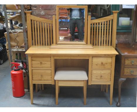 WALLACE AND GAMBIER LIGHT OAK DRESSING TABLE WITH STOOL AND MATCHING HEADBOARD