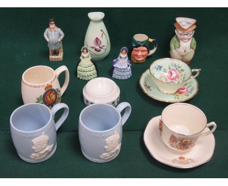 MIXED LOT OF CERAMICS INCLUDING CARLTON WARE, CRINOLINE LADY FOR CONDIMENTS, PARAGON CUP AND SAUCER, COMMEMORATIVE WARE, ETC.