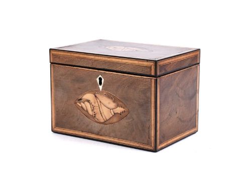 A George III mahogany tea caddy, with inlaid satinwood shell marquetry and ebony stringing, ivory escutcheon, the hinged lid 