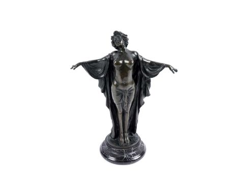 After Jean Pierre Masier (French, 1878-1957): a bronze figure of a partially nude lady, modelled in a draped robe, with arms 