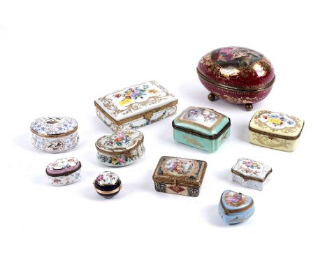 A collection of Continental snuff and trinket boxes, makers include: Limoge, Sevres, and others. (11)