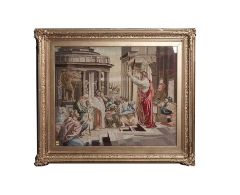 A late 19th/early 20th Century tapestry, depicting a Classical scene of an orator addressing a crowd of learned men, in ornat
