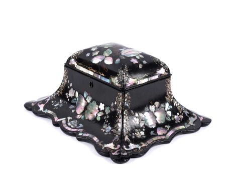A Victorian mother-of-pearl inlaid papier-mâché tea caddy, the four sides and hinged lid with mother-of-pearl inlaid floral d