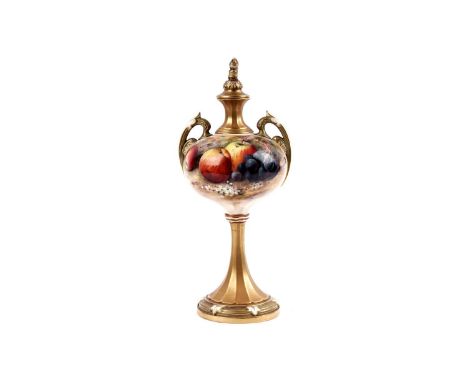 A Royal Worcester twin handled vase and cover, with hand-painted fruit decoration of apples and grapes, signed 'Ricketts', th