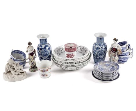 A selection of decorative ceramics, to include: a Parian figure group of a boy and dog; a pair of Continental figures; a Spod