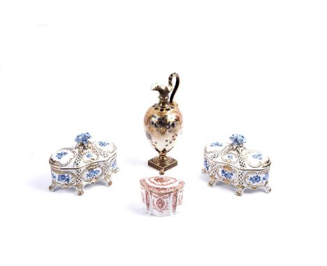 A pair of 20th Century Continental porcelain potpourri lidded boxes; together with a Wedgwood sugar basin; and a Royal Crown 