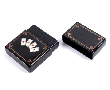 A Victorian black lacquered playing card case, the exterior decorated with a splayed suite of cards, within gilt borders, 10 
