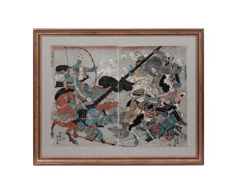 Utagawa Kunisada(Japanese, 1786 - 1864)Tawara Toda and Taira Shinno Masakado (Fujiwara no Hidesato),woodblock print,36 x 47cm