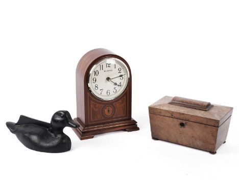 A 20th Century inlaid mahogany mantle clock, with Arabic dial marked ‘Wm. Waddop’, 27cms high; together with a cast metal boo