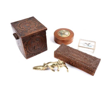 A selection of trinket and other boxes, comprising: an early 20th Century carved wood work box, of twin-handled form, carved 