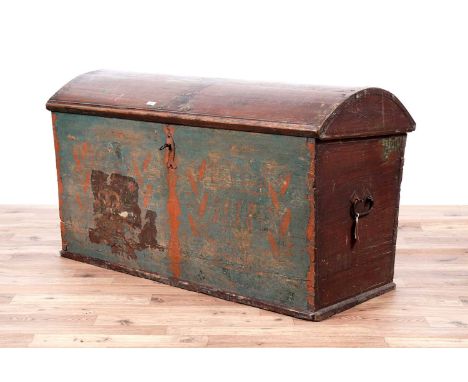 A 19th Century Danish marriage trunk, with domed top and handles fitted to either side, 119 x 57 x 69cms high.