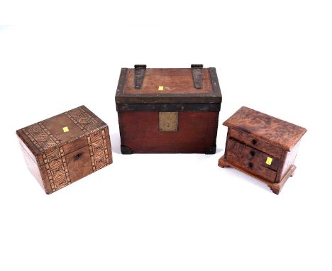 An Edwardian parquetry inlaid walnut tea caddy, 20cms wide; a brass bound rectangular box, 28 x 17 x 20cms high; and a burr w