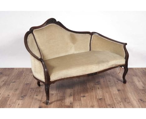 An early 20th Century inlaid walnut sofa, in the French style, with foliate and scroll carved top rail, raised on carved cabr