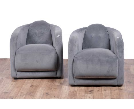 A pair of contemporary button-back armchairs, upholstered in a grey plush fabric, 67 x 87 x 67cms high.