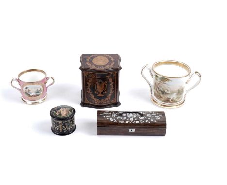 A Victorian rosewood glovebox, inlaid with foliate mother-of-pearl decoration; a papier-mâché trinket box; two Victorian gild