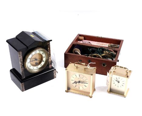 A selection of clocks, comprising: a Victorian black slate and marble mantel clock, with Arabic dial, within architectural ca