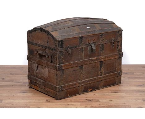 A 19th Century hardwood and metal bound domed steamer trunk, fitted leather handles to each side, 93 x 56 x 73cms high.