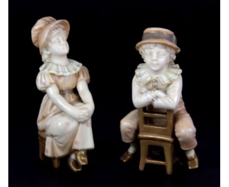 A pair of Royal Worcester Kate Greenaway figures of children, H. 10cm, (both slightly A/F).