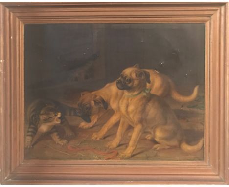 A Victorian framed textured print mounted on canvas of two pug dogs after Horatio M. Coulder, 71 x 56cm.