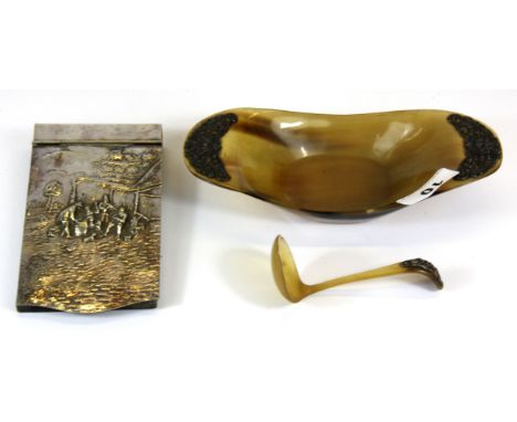 A lovely French white metal decorated Art Nouveau horn bowl and ladle, together with a 19th Century French notepad cover, bow