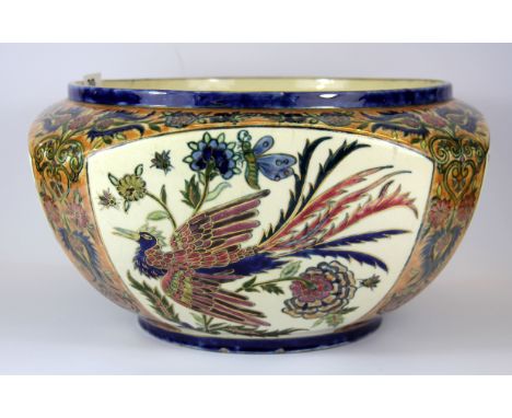 A large early 20th Century Zsolnay porcelain planter, W. 38cm, H. 21cm, (A/F).
