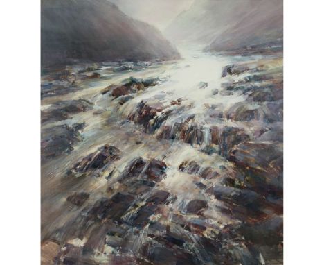  ETHEL WALKER (SCOTTISH 1941-) RIVER IN SPATE Signed lower right, oil on board&nbsp; 132cm x 122cm (52in x 48in) Flying Colou