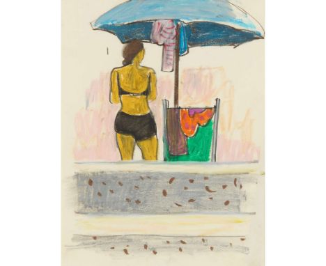  ALBERTO MORROCCO R.S.A., R.S.W., R.P., R.G.I., L.L.D. (SCOTTISH 1917-1998) UNDER THE PARASOL Oil pastel and pencil 24.5cm x 