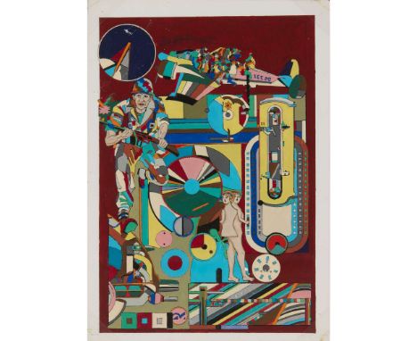  SIR EDUARDO PAOLOZZI K.B.E., R.A., H.R.S.A. (SCOTTISH 1924-2005) UNTITLED (MILITARY MACHINE) Hand-coloured print, gouache on