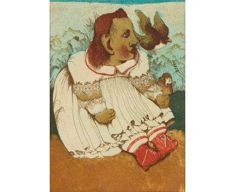  JOHN BYRNE R.S.A. (SCOTTISH 1940-2023) CHILD, BIRD, AND MONKEY - 1972 Coloured etching, 4/25, signed ‘Patrick,' titled, numb